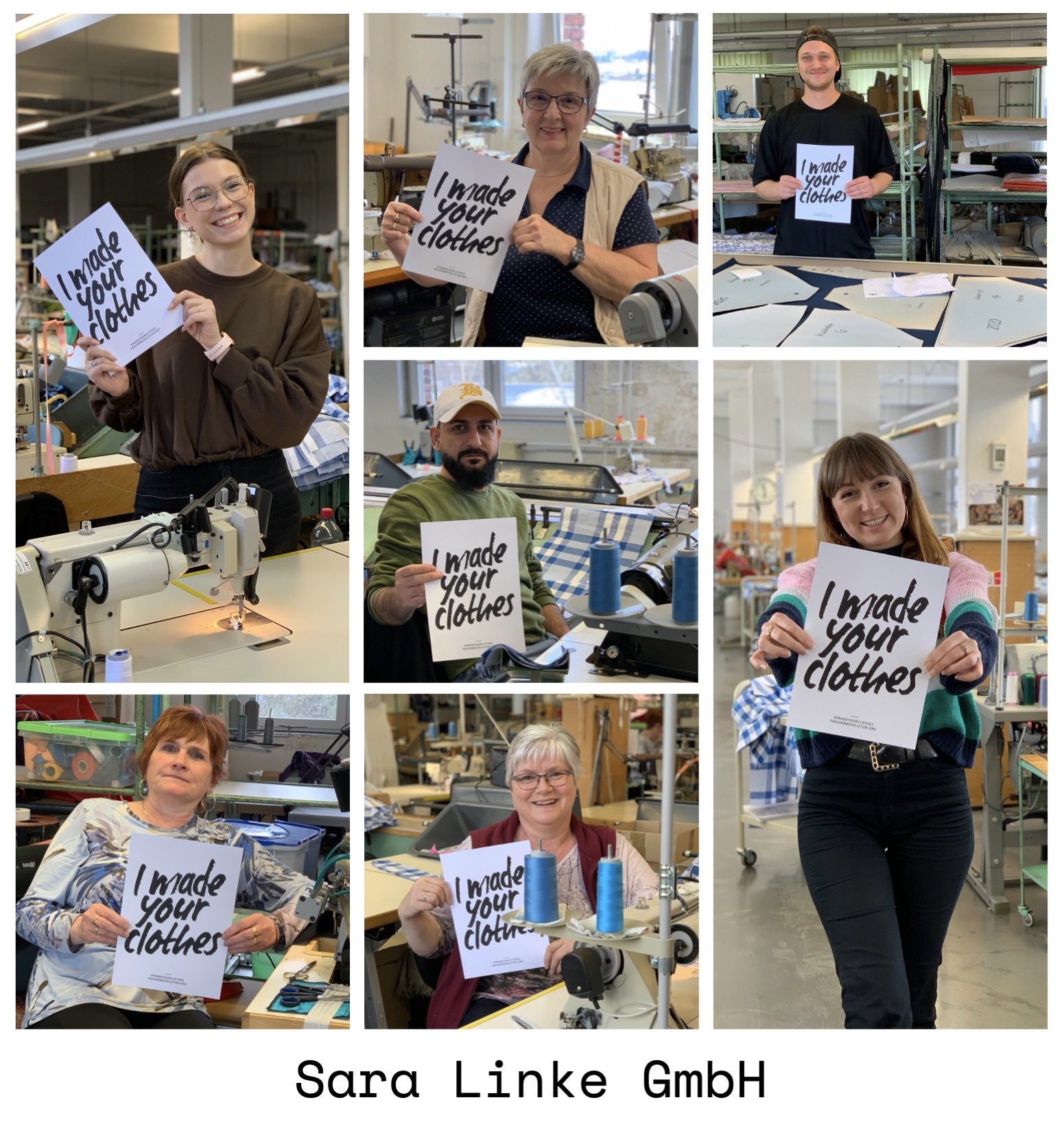 Collage mit Mitarbeiterinnen einer Textilfirma mit dem Schild I made your clothes